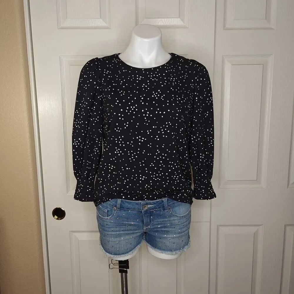 Melloday square dot stretchy crew neck 3/4 sleeve blouse sz S